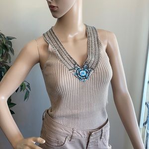 Beige Belldini Knit Top with Silver Accents and Turquoise & White Beads Small